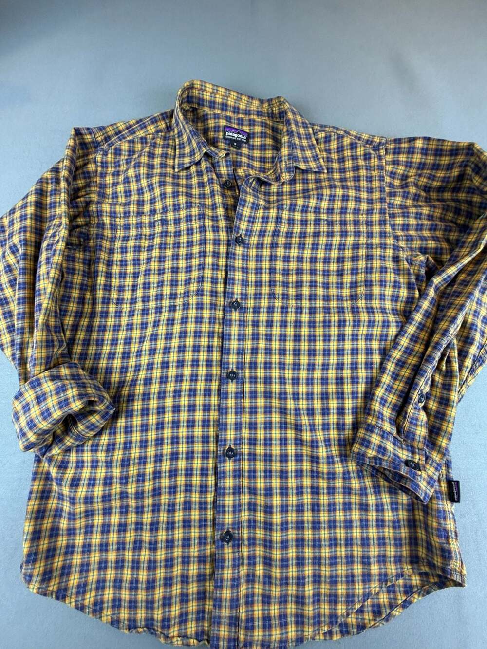Patagonia Organic Cotton Long Sleeve Plaid Button Down Shirt Yellow Blue Size M